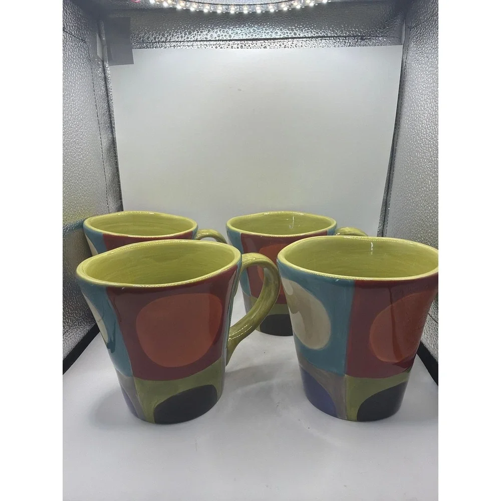 4 Pier 1 Urban Dots Multi-Color Large Earthenware Mug-16oz Retired